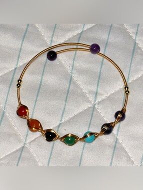Gold Plated 7 Chakra Gemstone Wire Wrapped Cuff Bracelet